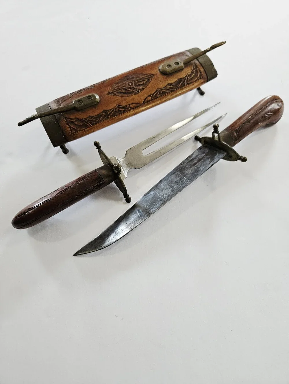Vintage Hand Carved Indian Wood Brass Meat Carving Knife Fork & Sheath Case Set